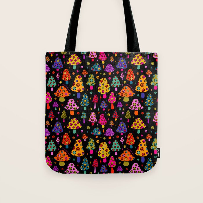 Smiley Mushrooms Print in Black Tote Bag Gallery Image 1