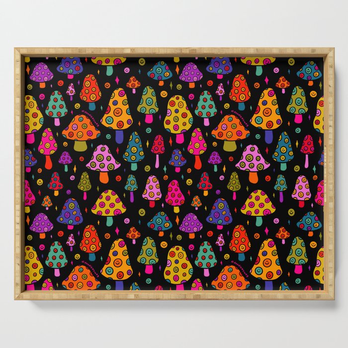 Smiley Mushrooms Print in Black Serving Tray Gallery Image 1