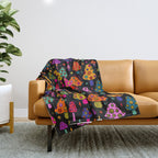 Smiley Mushrooms Print in Black Throw Blanket Gallery Image 1