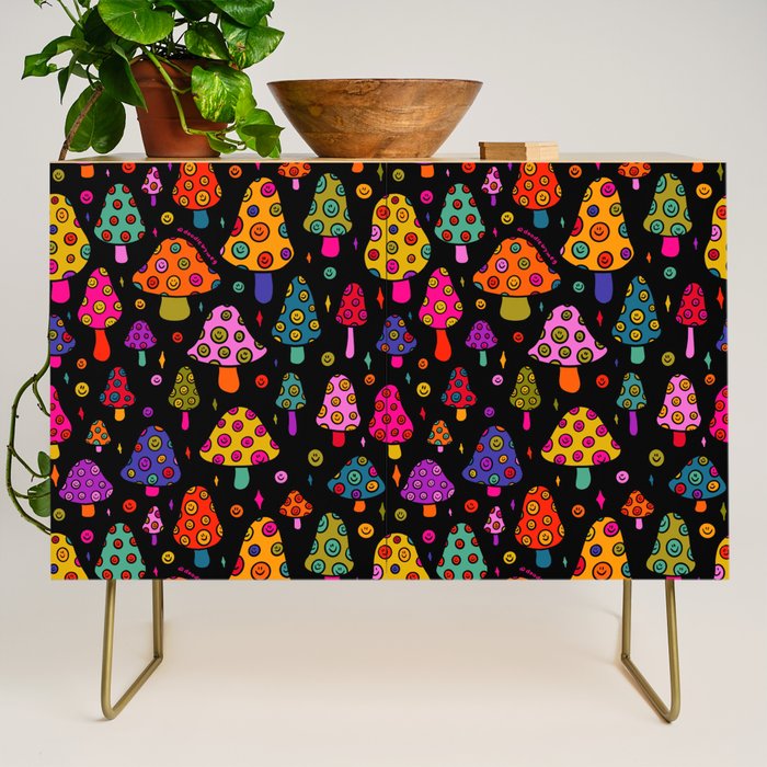 Smiley Mushrooms Print in Black Credenza Gallery Image 1