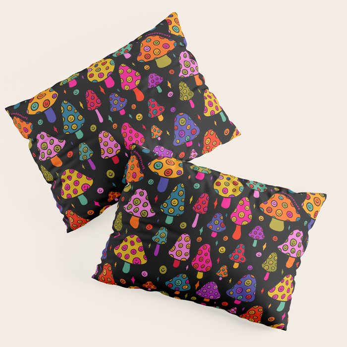 Smiley Mushrooms Print in Black Pillow Sham Gallery Image 1