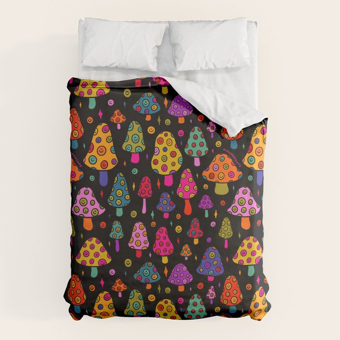 Smiley Mushrooms Print in Black Duvet Cover Gallery Image 6