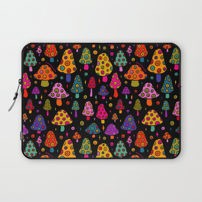 Smiley Mushrooms Print in Black Laptop Sleeve Gallery Image 1