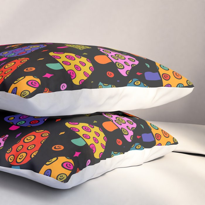 Smiley Mushrooms Print in Black Pillow Sham Gallery Image 3