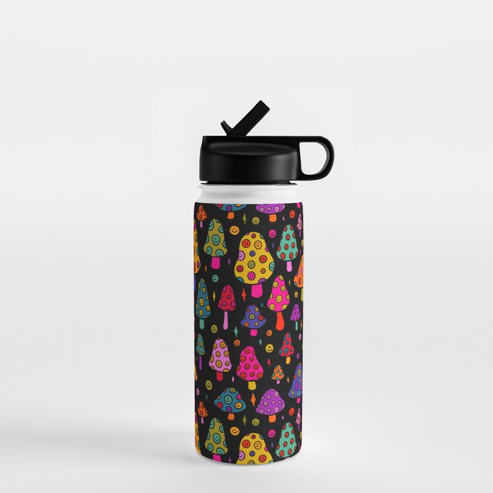 Smiley Mushrooms Print in Black Water Bottle Gallery Image 1