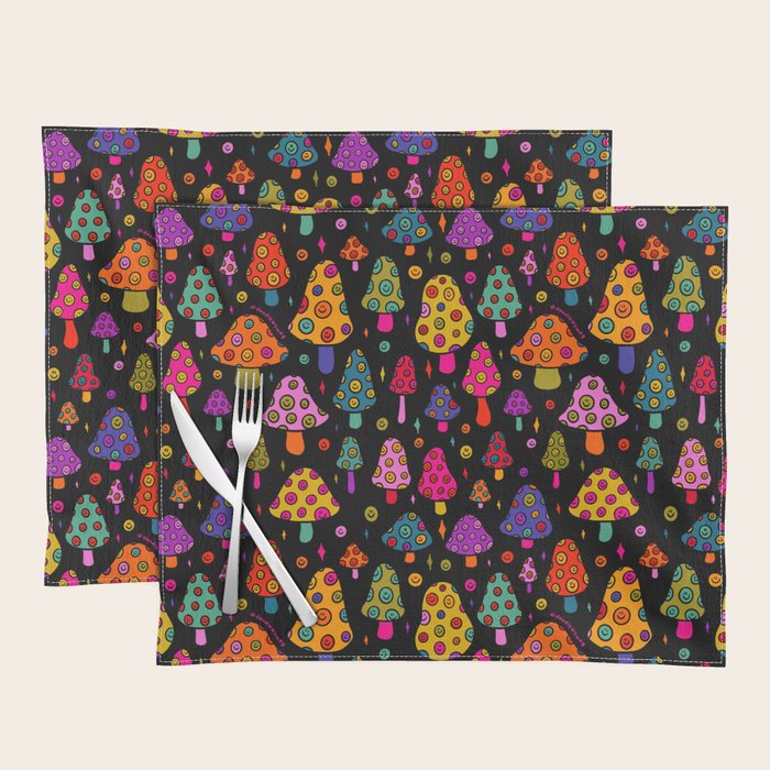 Smiley Mushrooms Print in Black Placemat Gallery Image 1