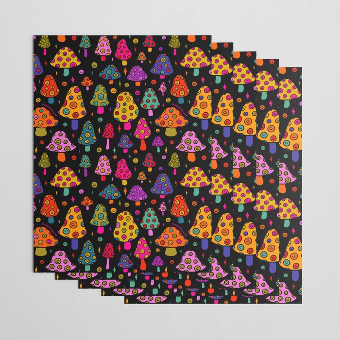 Smiley Mushrooms Print in Black Wrapping Paper Gallery Image 3