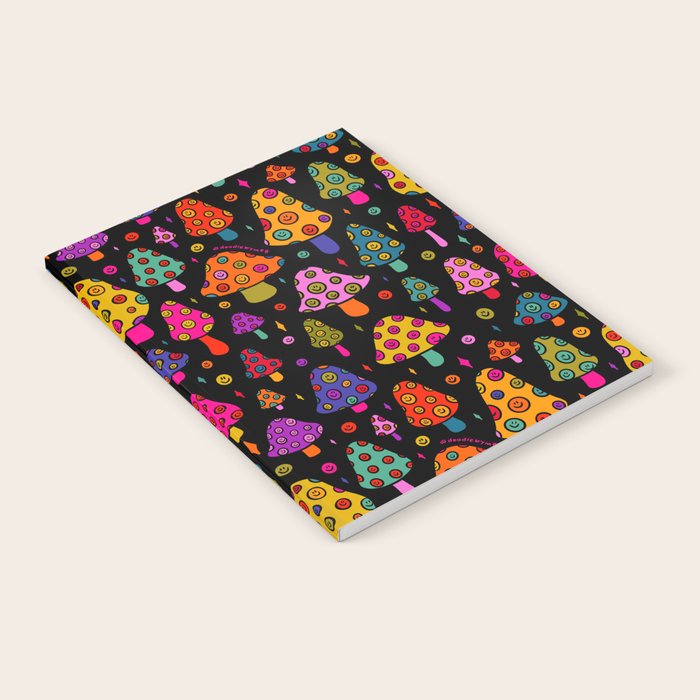 Smiley Mushrooms Print in Black Notebook Gallery Image 1