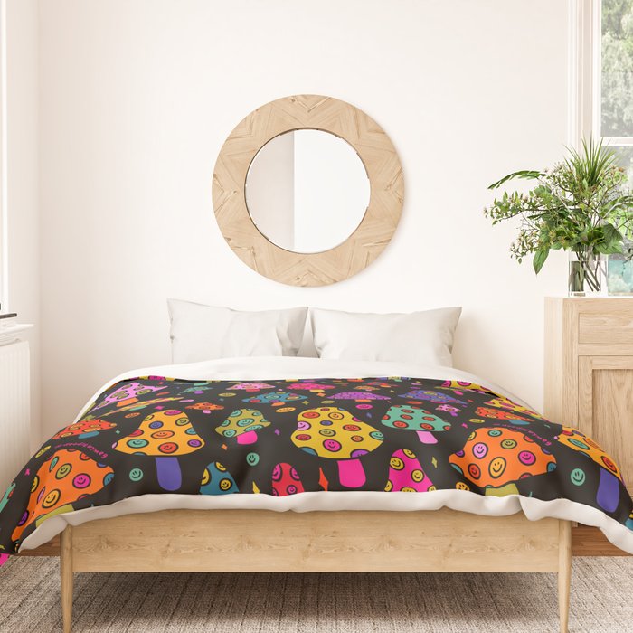 Smiley Mushrooms Print in Black Duvet Cover Gallery Image 3