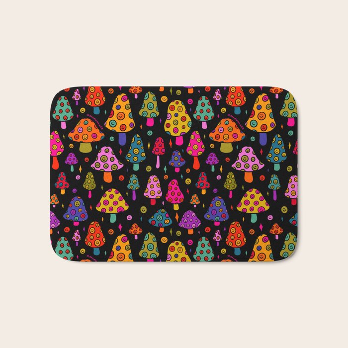Smiley Mushrooms Print in Black Bath Mat Gallery Image 1