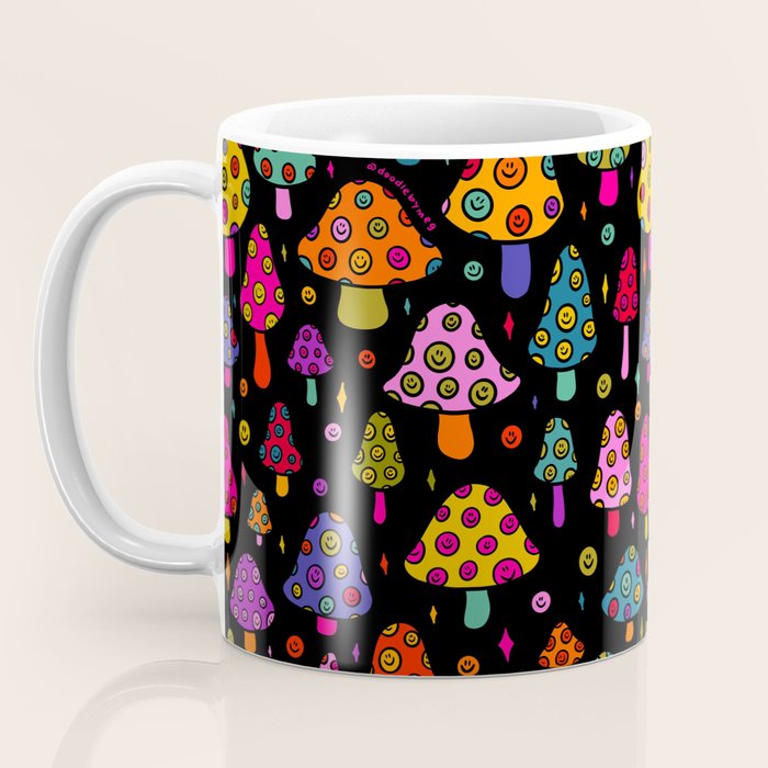Smiley Mushrooms Print in Black Coffee Mug Gallery Image 3