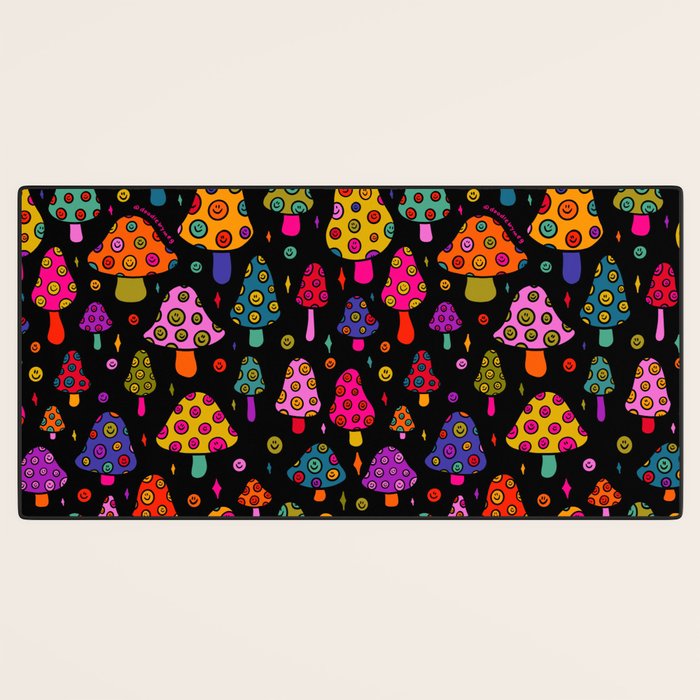 Smiley Mushrooms Print in Black Desk Mat Gallery Image 3