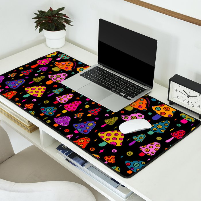 Smiley Mushrooms Print in Black Desk Mat Gallery Image 2