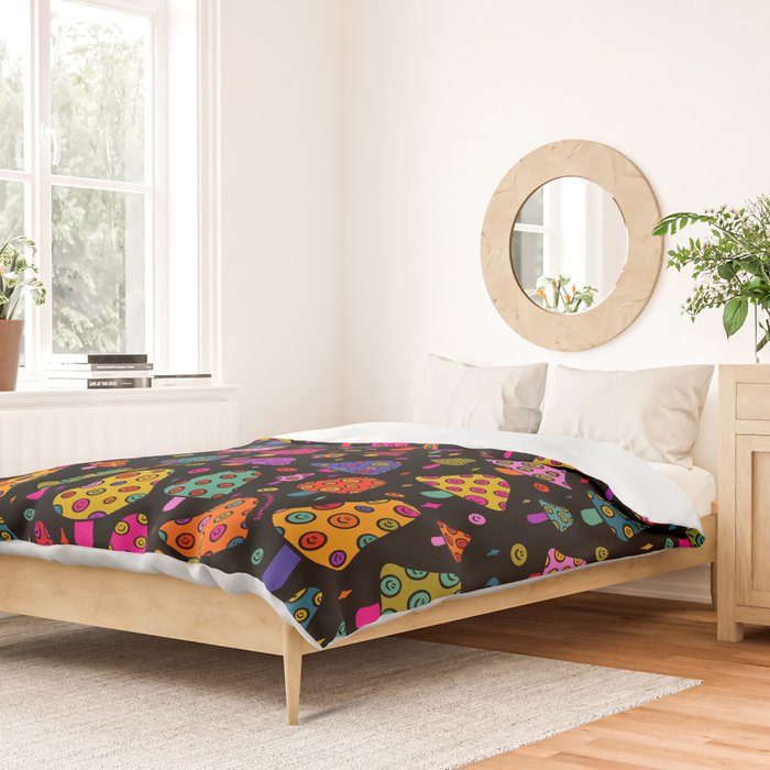 Smiley Mushrooms Print in Black Duvet Cover Gallery Image 2