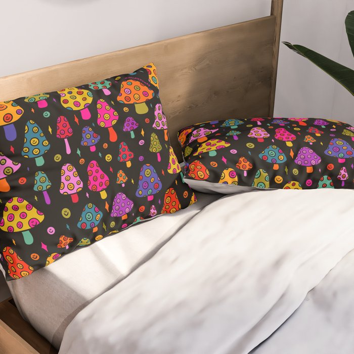 Smiley Mushrooms Print in Black Pillow Sham Gallery Image 2