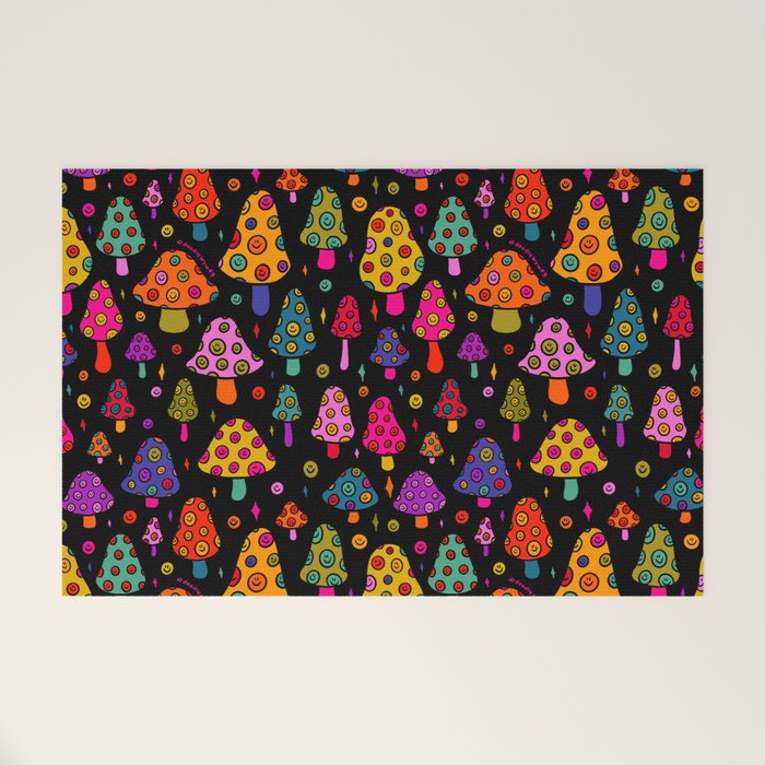 Smiley Mushrooms Print in Black Welcome Mat Gallery Image 1