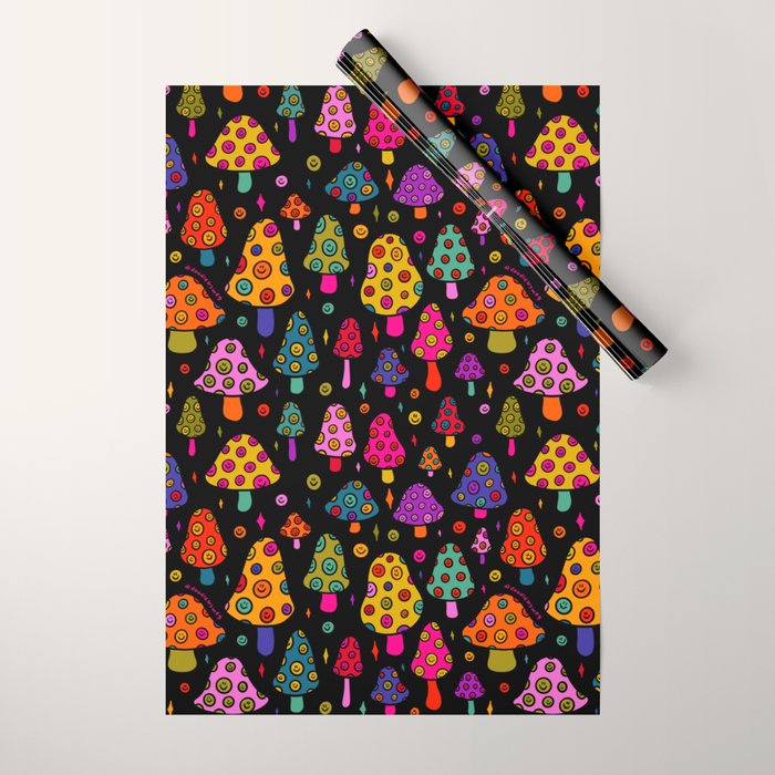 Smiley Mushrooms Print in Black Wrapping Paper Gallery Image 1