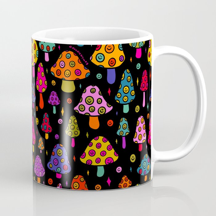 Smiley Mushrooms Print in Black Coffee Mug Gallery Image 1