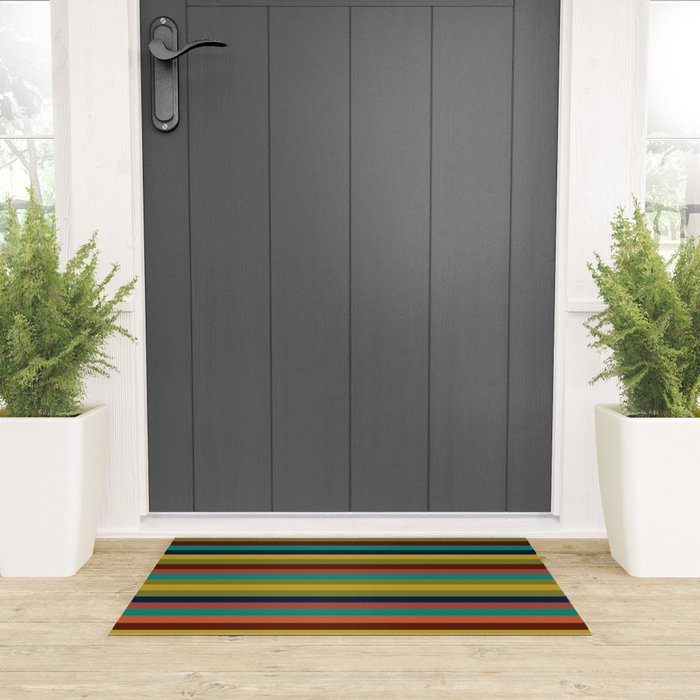 Joseph Stripes II Midcentury Modern Stripe Pattern in Mid Mod Mustard, Olive, Turquoise Teal, Orange Welcome Mat Gallery Image 3
