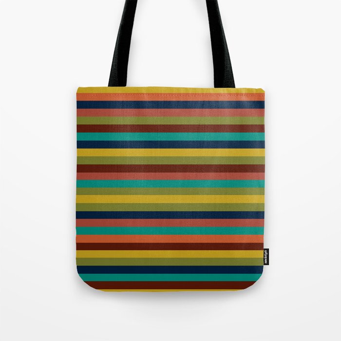Joseph Stripes II Midcentury Modern Stripe Pattern in Mid Mod Mustard, Olive, Turquoise Teal, Orange Tote Bag Gallery Image 1