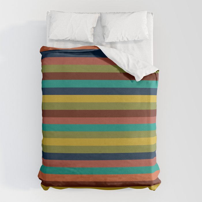 Joseph Stripes II Midcentury Modern Stripe Pattern in Mid Mod Mustard, Olive, Turquoise Teal, Orange Duvet Cover Gallery Image 6