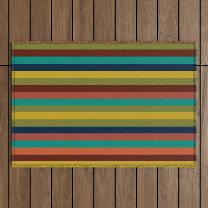 Joseph Stripes II Midcentury Modern Stripe Pattern in Mid Mod Mustard, Olive, Turquoise Teal, Orange Outdoor Rug Gallery Image 1
