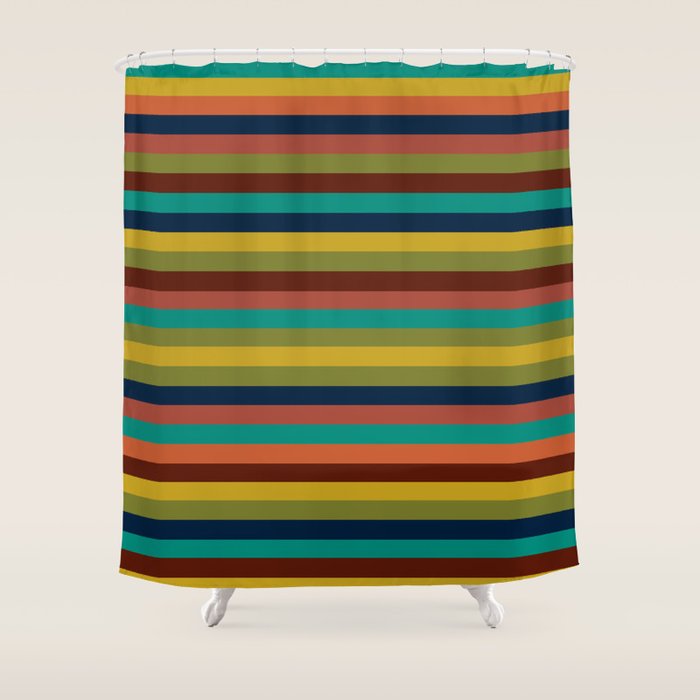Joseph Stripes II Midcentury Modern Stripe Pattern in Mid Mod Mustard, Olive, Turquoise Teal, Orange Shower Curtain Gallery Image 1