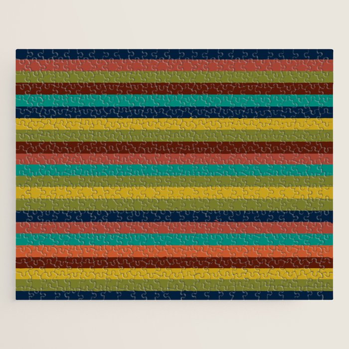Joseph Stripes II Midcentury Modern Stripe Pattern in Mid Mod Mustard, Olive, Turquoise Teal, Orange Jigsaw Puzzle Gallery Image 1