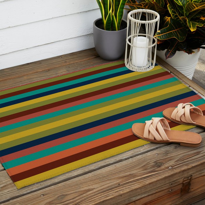 Joseph Stripes II Midcentury Modern Stripe Pattern in Mid Mod Mustard, Olive, Turquoise Teal, Orange Outdoor Rug Gallery Image 2