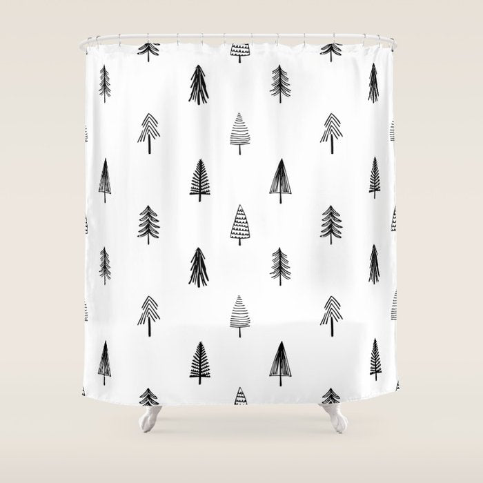 Black and white pine tree doodle art pattern Shower Curtain Gallery Image 1