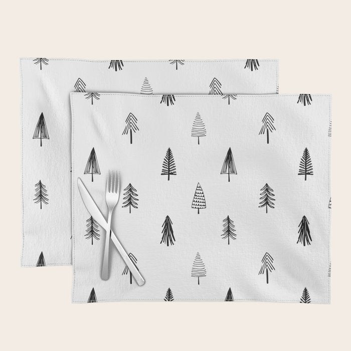 Black and white pine tree doodle art pattern Placemat Gallery Image 1