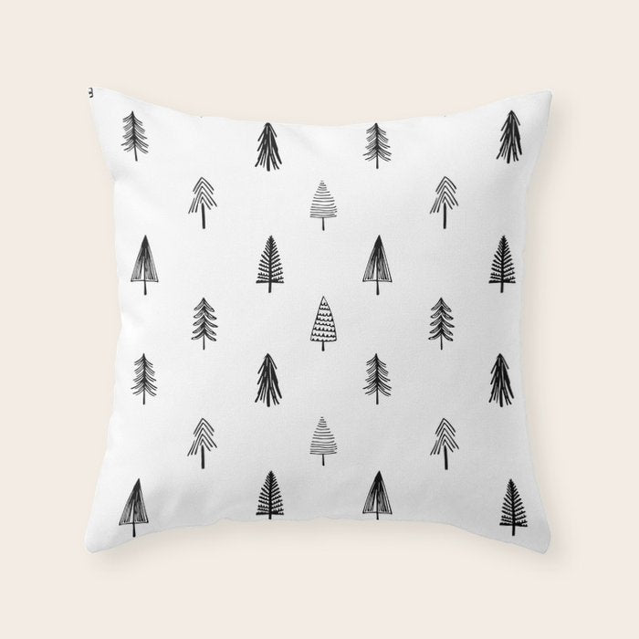Black and white pine tree doodle art pattern Throw Pillow Gallery Image 6