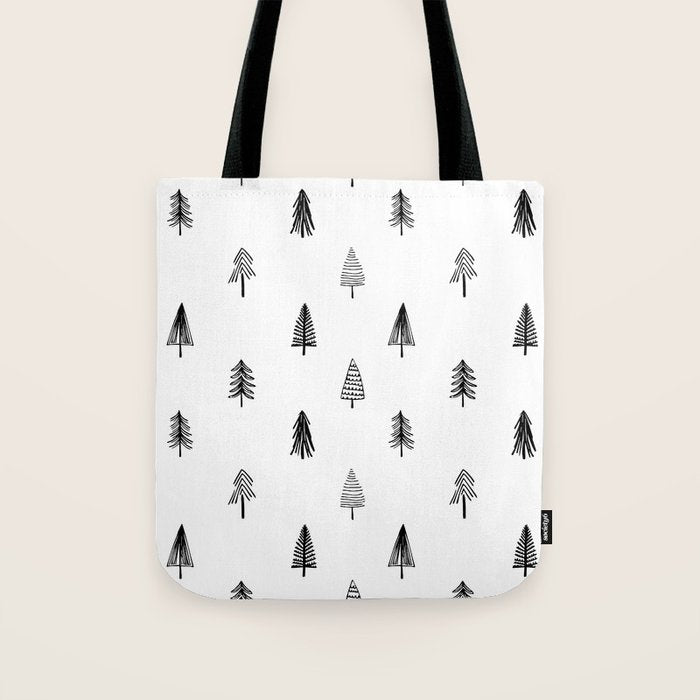 Black and white pine tree doodle art pattern Tote Bag Gallery Image 1