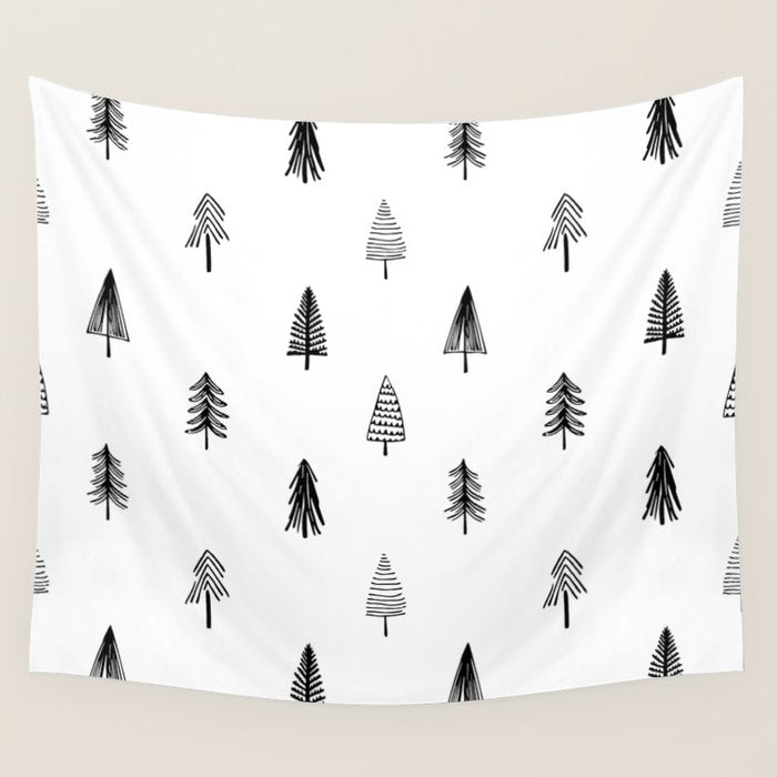 Black and white pine tree doodle art pattern Wall Tapestry Gallery Image 1