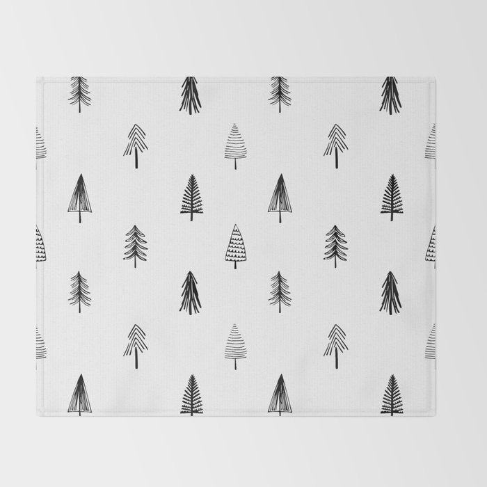 Black and white pine tree doodle art pattern Throw Blanket Gallery Image 2