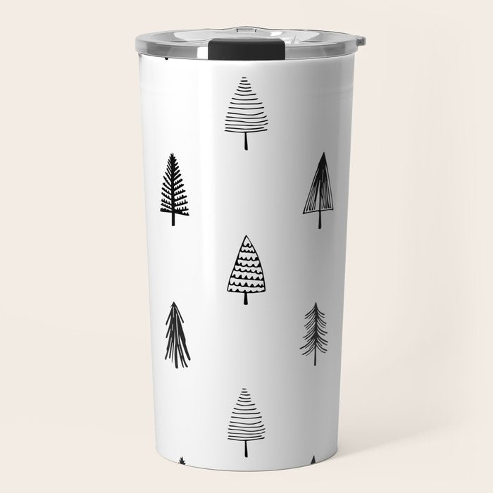 Black and white pine tree doodle art pattern Travel Mug Gallery Image 1