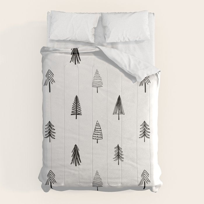 Black and white pine tree doodle art pattern Comforter Gallery Image 1