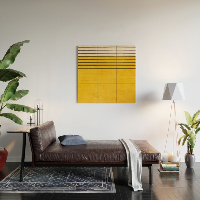 Minimalist Bright Yellow Black Horizontal Lines Wood Wall Art Gallery Image 2