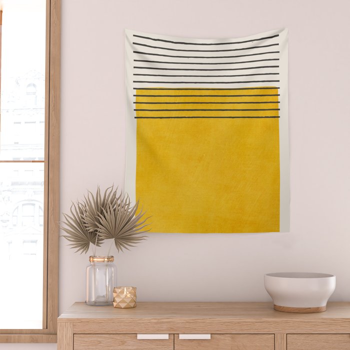 Minimalist Bright Yellow Black Horizontal Lines Wall Tapestry Gallery Image 2