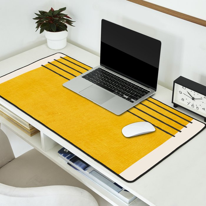 Minimalist Bright Yellow Black Horizontal Lines Desk Mat Gallery Image 2