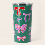 Festive Pink and Red Christmas Ribbons and Bows hand drawn Collection on Green Travel Mug Gallery Image 1