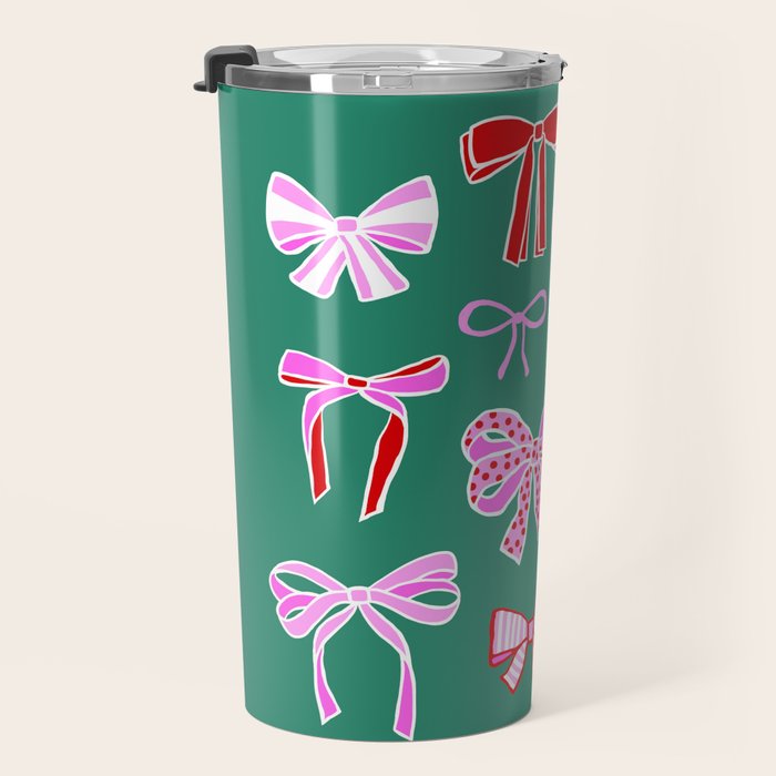 Festive Pink and Red Christmas Ribbons and Bows hand drawn Collection on Green Travel Mug Gallery Image 3