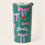 Festive Pink and Red Christmas Ribbons and Bows hand drawn Collection on Green Travel Mug Gallery Image 2