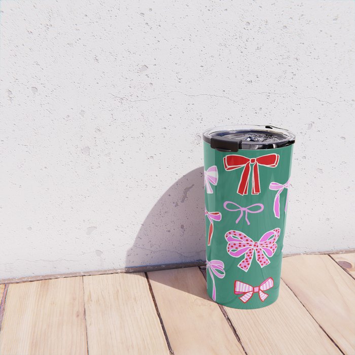 Festive Pink and Red Christmas Ribbons and Bows hand drawn Collection on Green Travel Mug Gallery Image 4