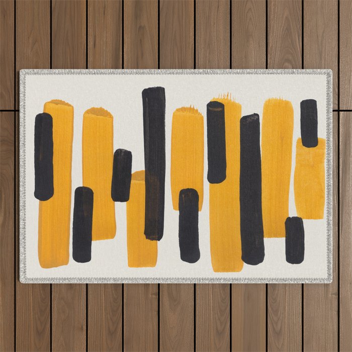 Mid Century Modern Abstract Painting Antique Yellow Black Bumble Bee Stripes Outdoor Rug Gallery Image 1