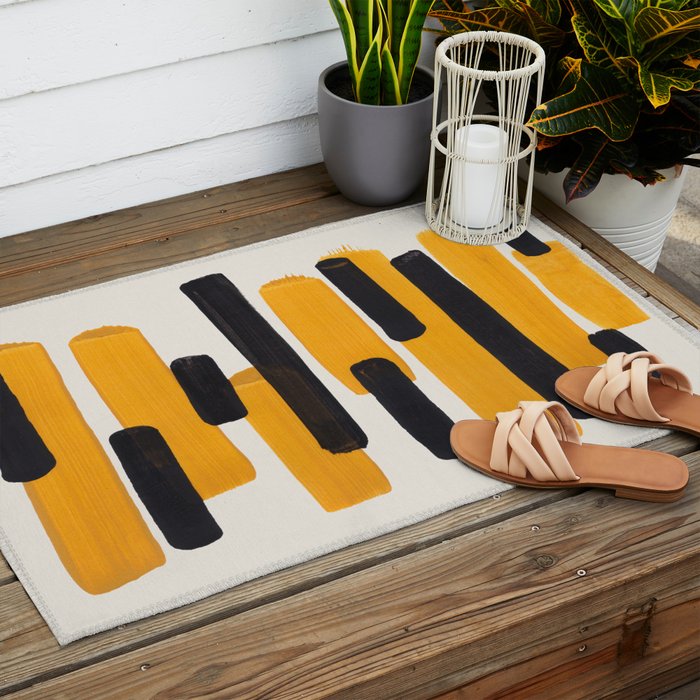 Mid Century Modern Abstract Painting Antique Yellow Black Bumble Bee Stripes Outdoor Rug Gallery Image 2