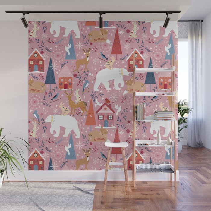 Colorful Scandinavian festive holiday animals Wall Mural Gallery Image 1