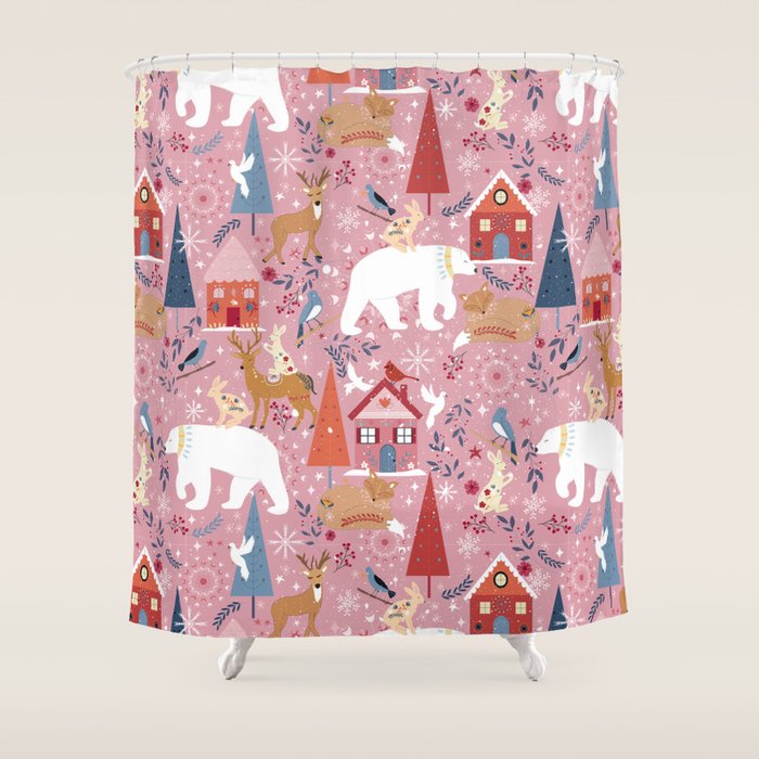 Colorful Scandinavian festive holiday animals Shower Curtain Gallery Image 1