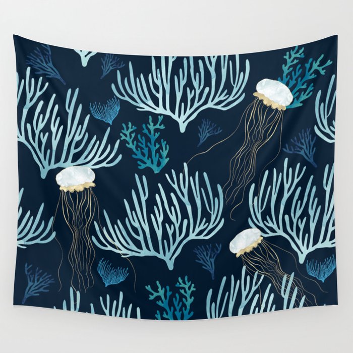 Jellyfish and Coral-Navy Wall Tapestry Gallery Image 1