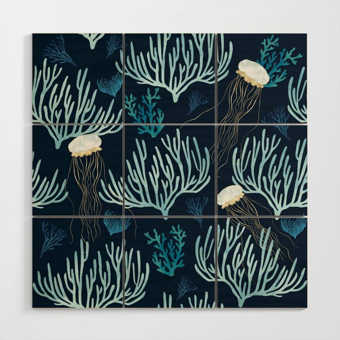 Jellyfish and Coral-Navy Wood Wall Art Gallery Image 1